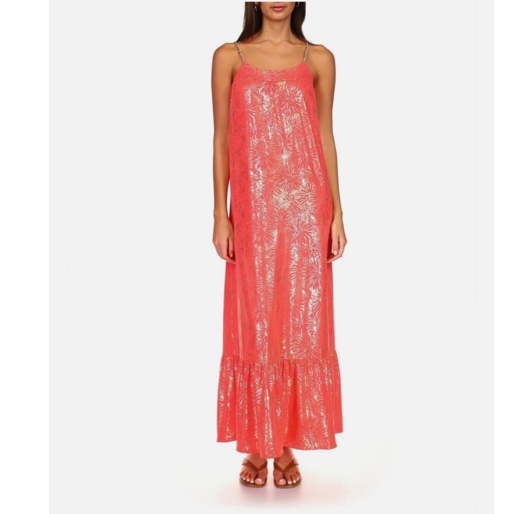 Michael Kors Resort Maxi Dress Coral Pink Gold Foil Palm Print Chain Strap M